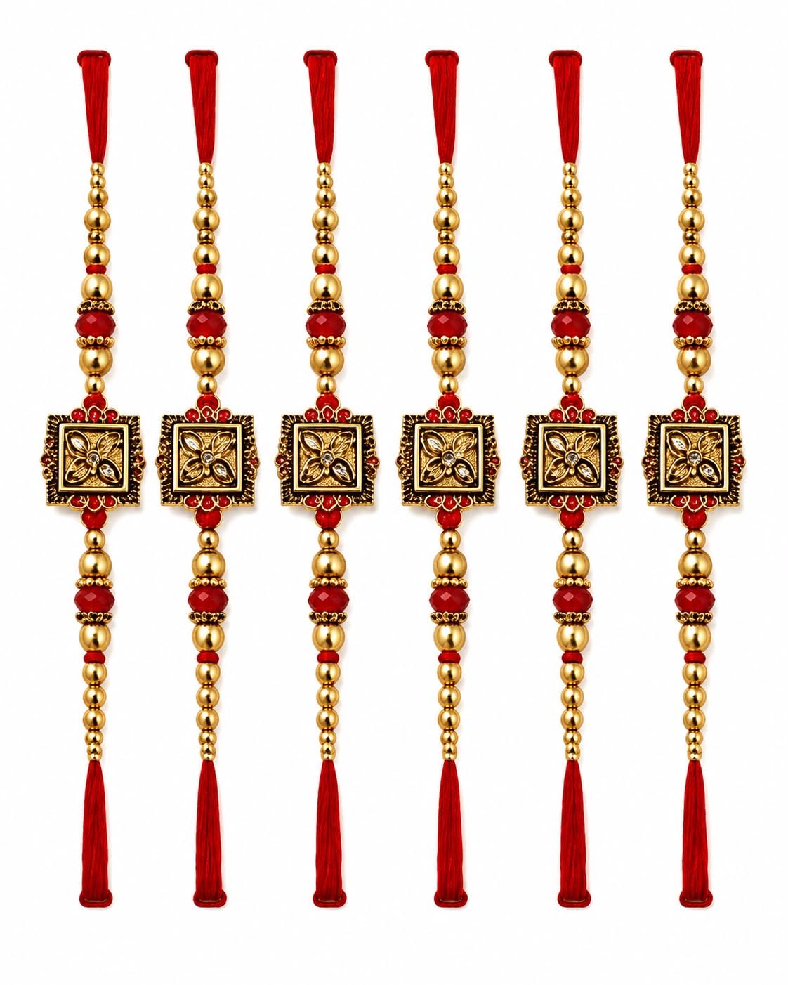 6 Pcs Designer Traditional Rakhi Set for Brothers | Premium Beaded Rakhi Combo with Decorative Square Centerpiece-image-48