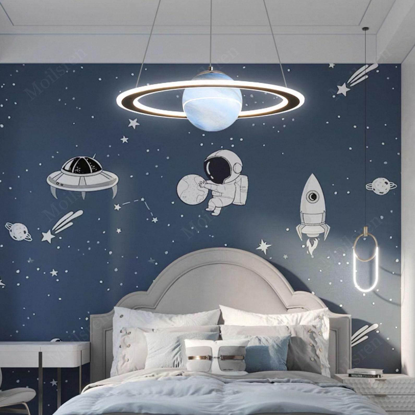 LED Hängelampe Kinderzimmer Planet Pendelleuchten, Kinderzimmer Lampe Decke Junge Mädchen, Glas Lampenschirm Saturn Schlafzimmerlampe Rund LED Hängeleuchten Dimmbar für Jungen Mädchen (Blau)
