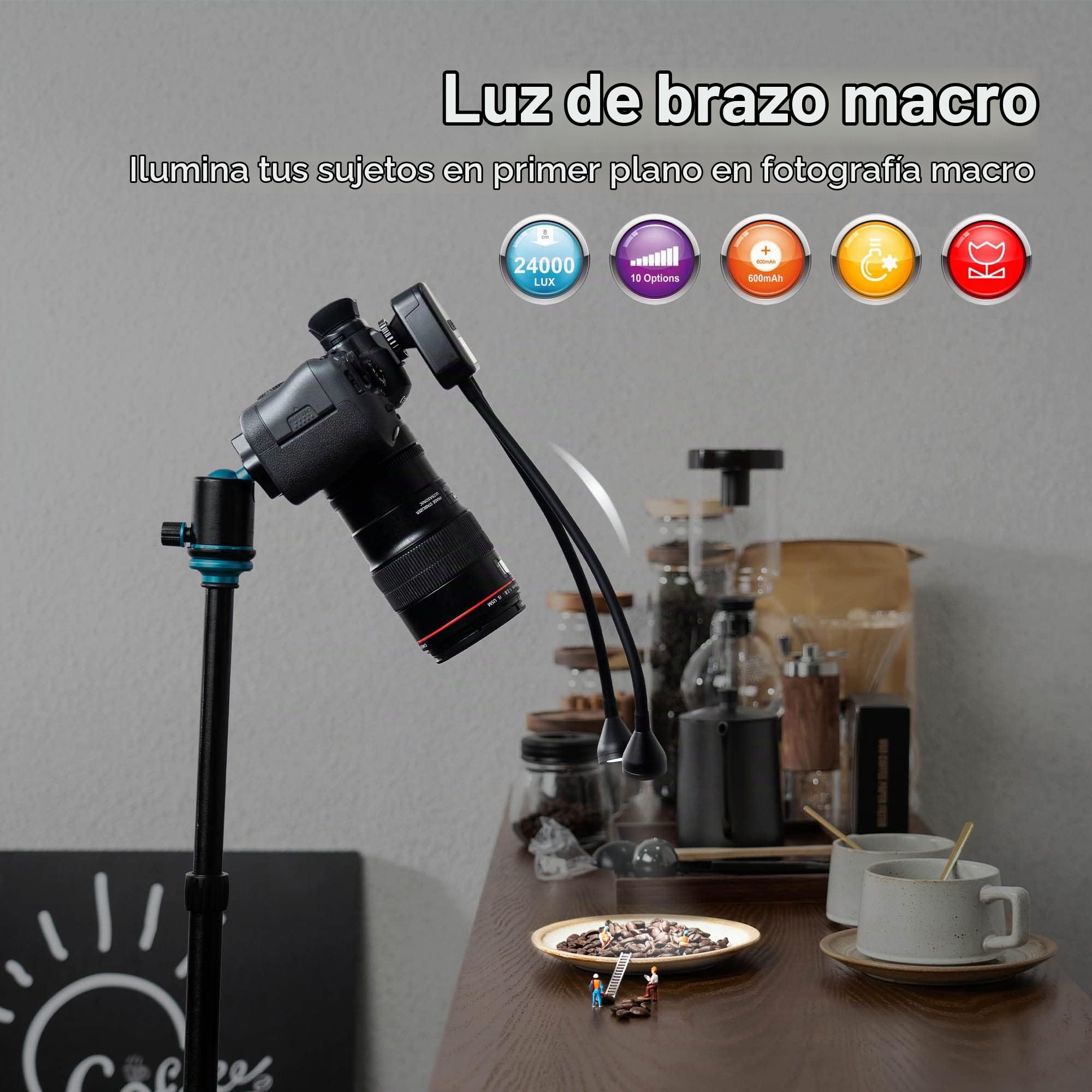 JJC Macro Brazo de Luz, Luz LED para Cámara con Batería Recargable Incorporada, 5600K 24000Lux 10 Niveles de Brillo Ajustable Lámpara de Iluminación para Fotografía de Primer Plano