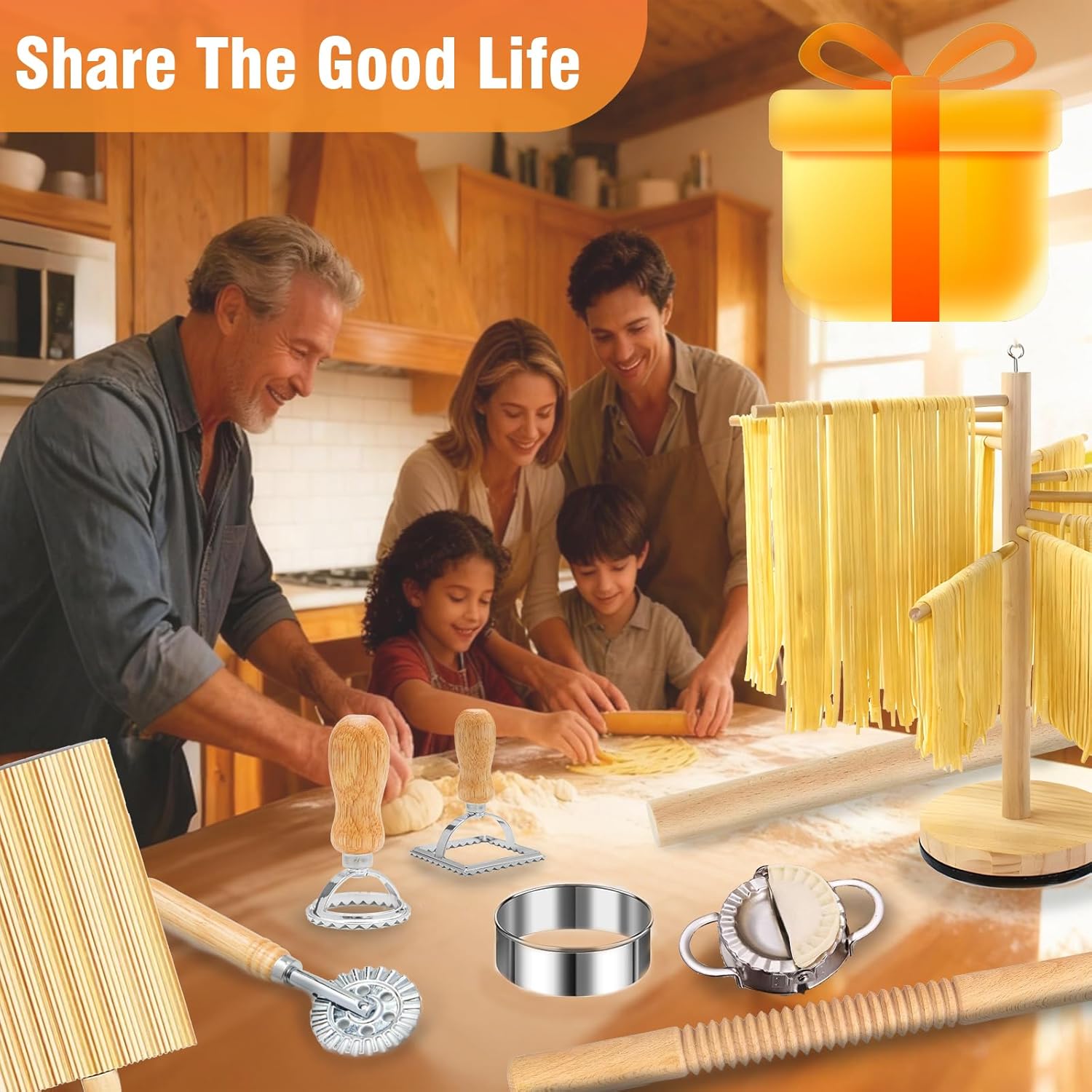 10 Pcs Pasta Making Tools, Pasta Making Kit with Pasta Drying Rack,2 Rolling Pins,Gnocchi Board,Pasta Cutting Tools,2 Ravioli Makers,Making Dumplings.All-in-One Pasta Making Accessories for Home