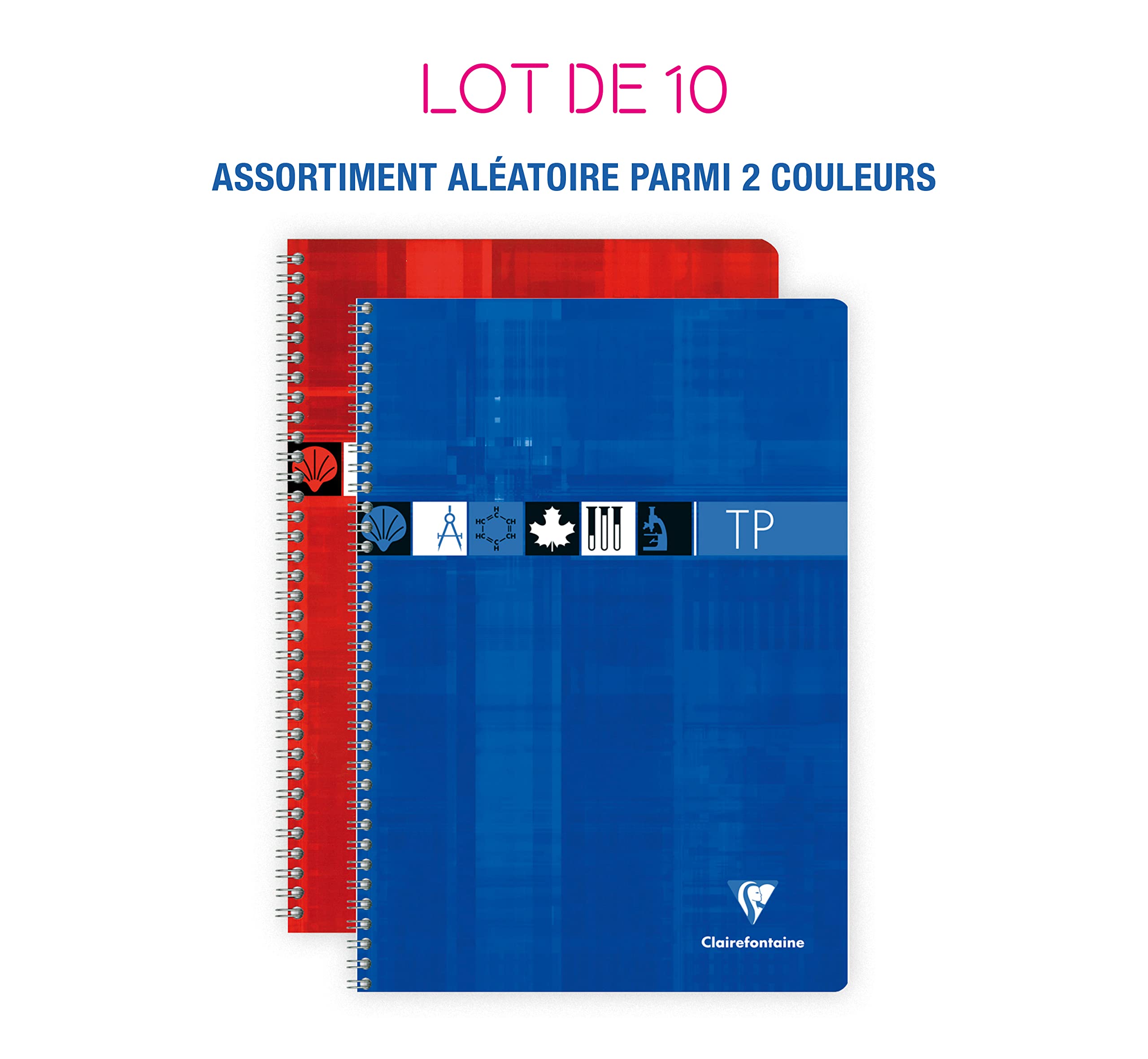 Clairefontaine 8937C Lot de 10 Cahiers à Spirale de Travaux Pratiques - A4 21x29,7 cm - 80 Pages Grands Carreaux 90 g et Unies Blanches 125 g - Couverture Carte Pelliculée - Couleurs Aléatoires