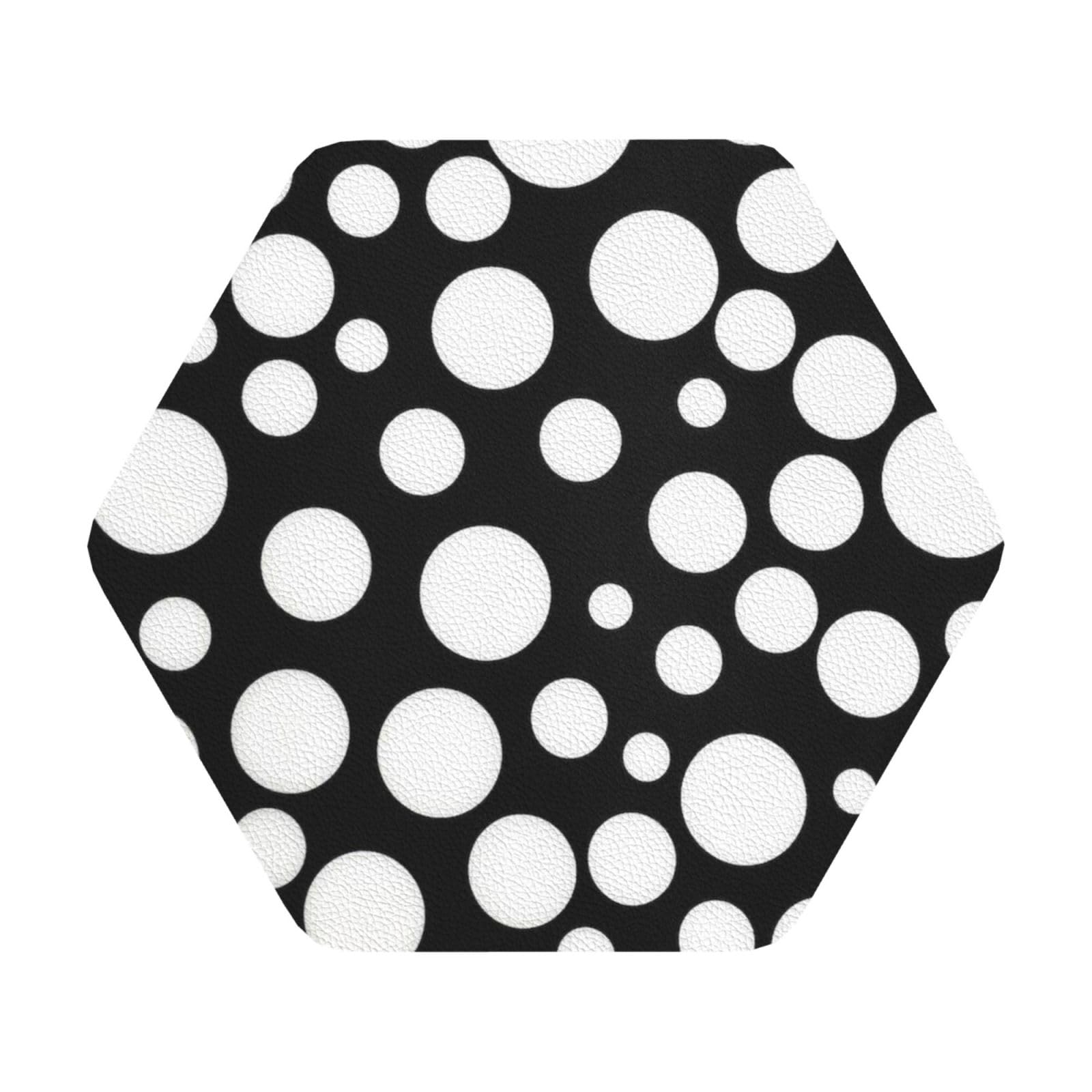 Black And White Polka Dot PU Leather Coasters Set of 6 Hexagon Drink Coasters