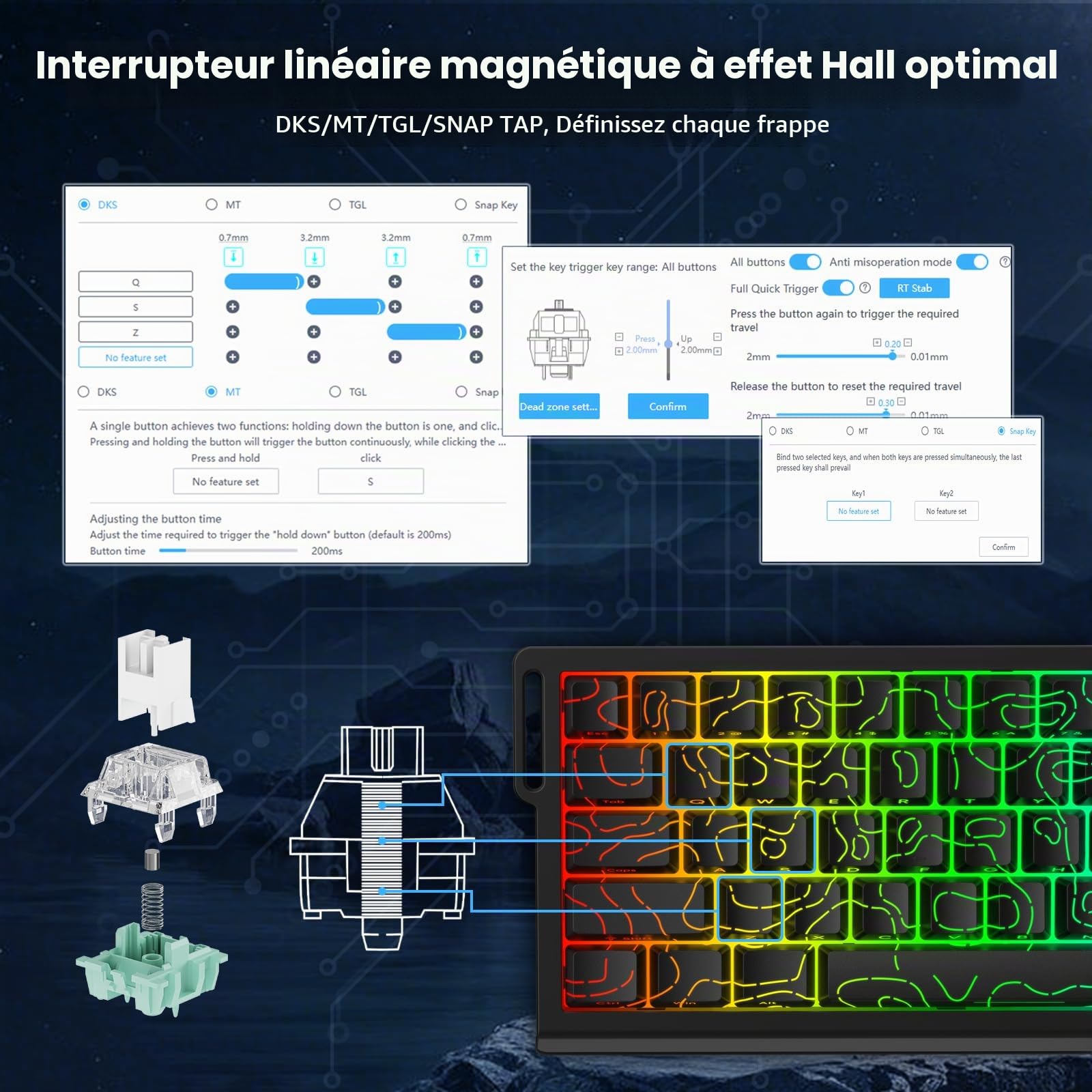 MAMBASNAKE x ATTACK SHARK X68HE Clavier mécanique à déclenchement rapide avec interrupteur magnétique, actionnement réglable de 0,01mm, clavier de jeu filaire à 60% avec câble spiralé,(contours noirs)