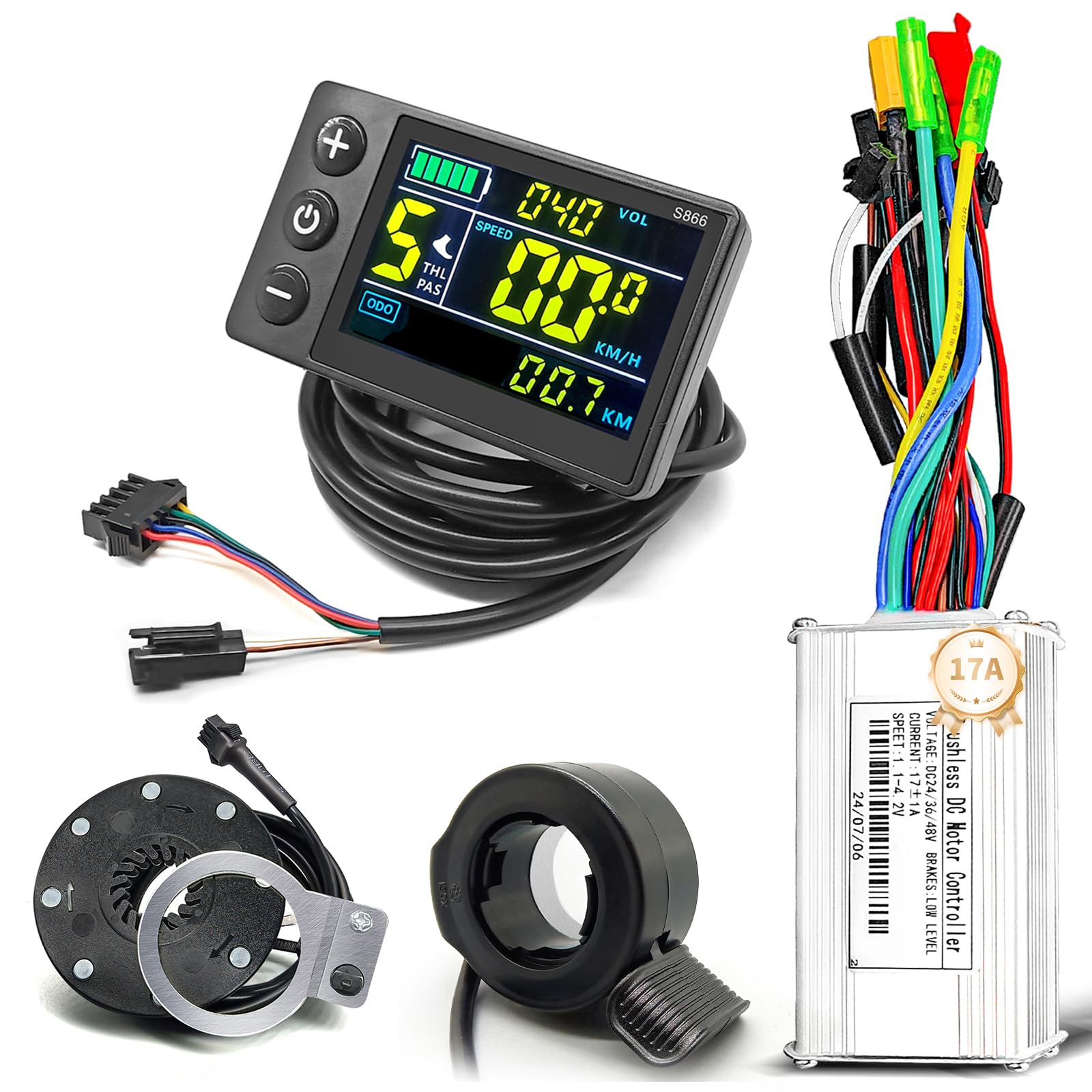 Ebike 17A Sine Wave Controller with CS866 Color Display, Adjustable Throttle & PAS for 500W 800W 1000W 1800W Electric Bicycles Hub Motor