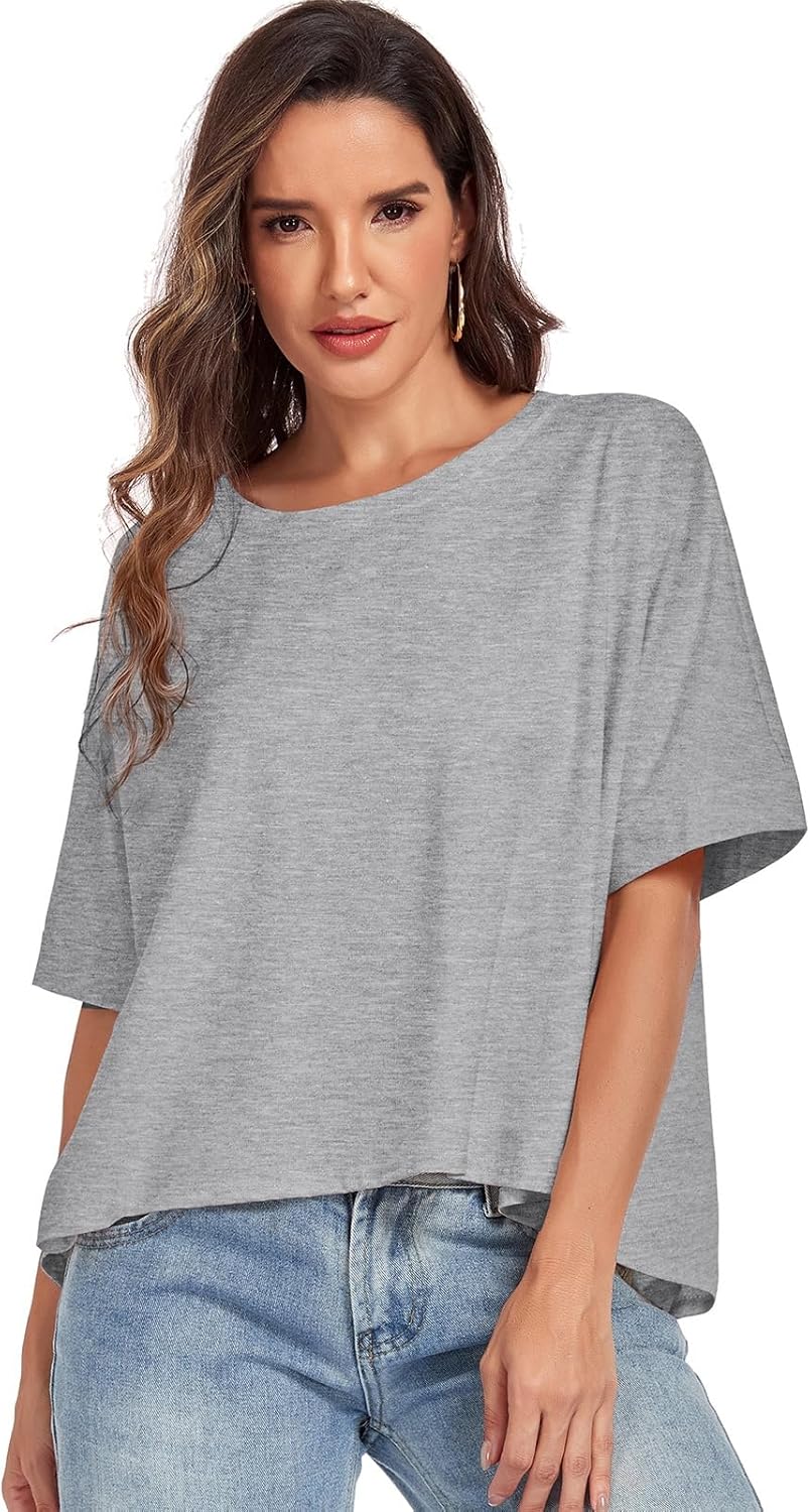 HOUZONIY Womens Oversized T-Shirts Short Sleeve Loose Crewneck Solid Baggy Fashion Tops Shirt for Women Casual Basic Fit Tees - Image 3