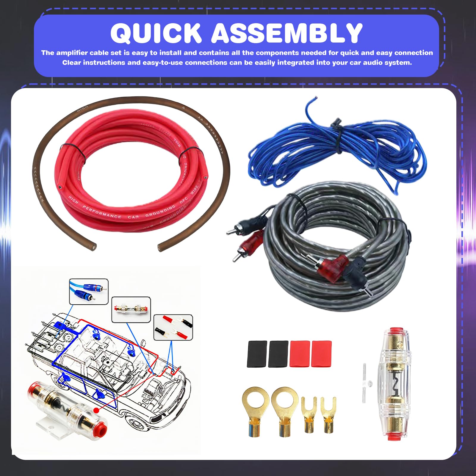 GBKDQQ Lot de 7 câbles pour caisson de basses, amplificateur de voiture 4GA, kit de câbles d'amplificateur de voiture de 5 m, kit d'installation pour amplificateur de voiture, câble audio de voiture