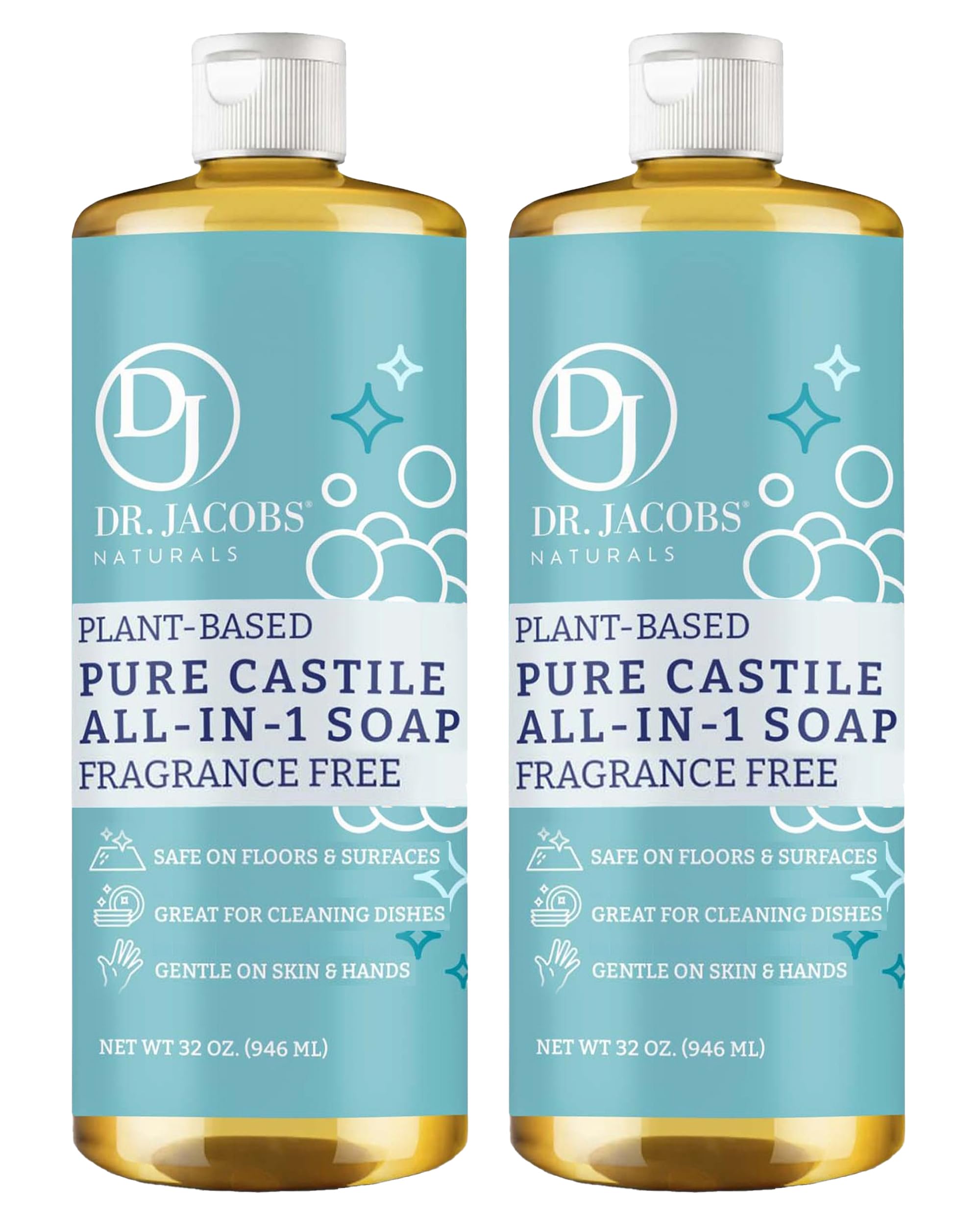 Dr. Jacobs Naturals Fragrance Free Castile All-in-One Cleaner and Soap - Plant-Based Formula for House Cleaning Floors and Appliances - Gentle on Skin and the Planet - 32 oz, 2 Pack