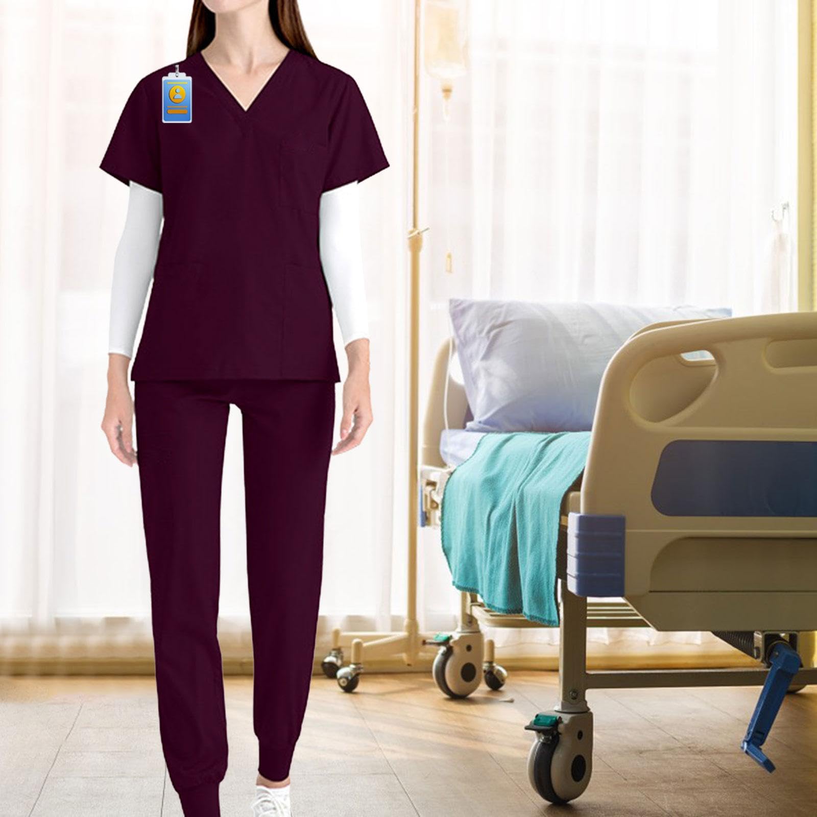 Amagogo Uniformen OP-Bekleidungsset Arbeitsanzüge, Krankenschwester-Oberteil und -Hose Damen-Pflegeuniform V-Ausschnitt Kurzarm-Arbeitskleidung für Pet Shop, Dunkelrot, m