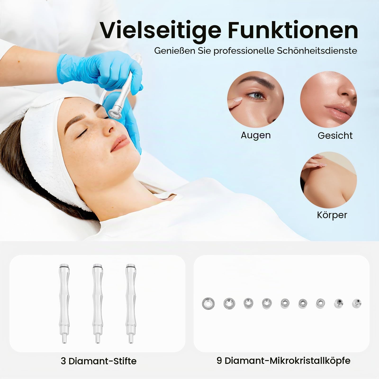 Diamant Microdermabrasion Gerät, Professionelle Mikrodermabrasions Maschine 9-stufig mit 65-68 cmHg Saugkraft, Mitesserentferner für Gesichtspflege & Körper, Inklusive 12 Aufsätzen, Weiß