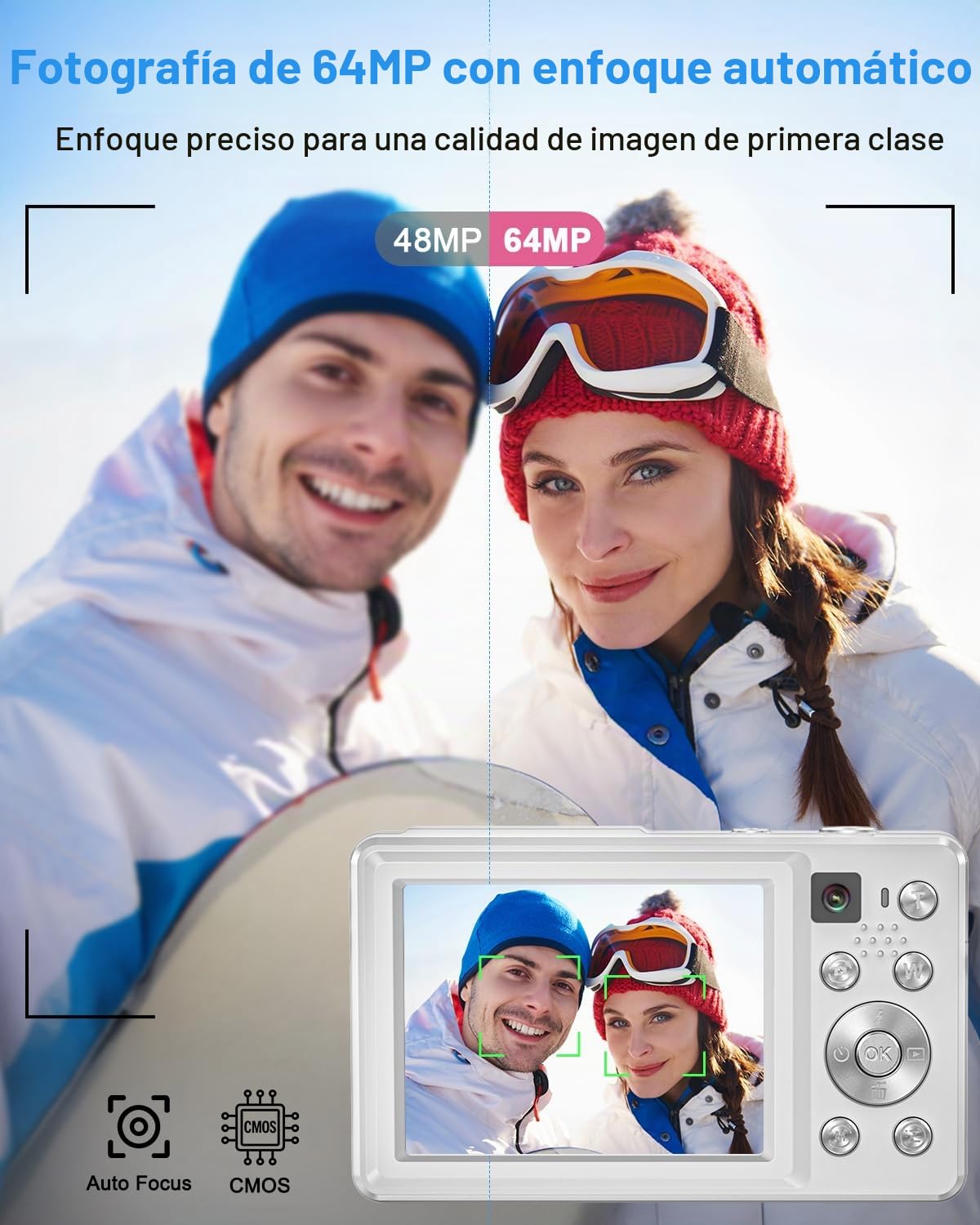 Cámara Digital 4K 64MP, Doble cámara con Enfoque automático, Flash, Zoom 16X, estabilización, Cámara de Fotos compacta para niños, Adolescentes, Adultos y Principiantes (Blanco)