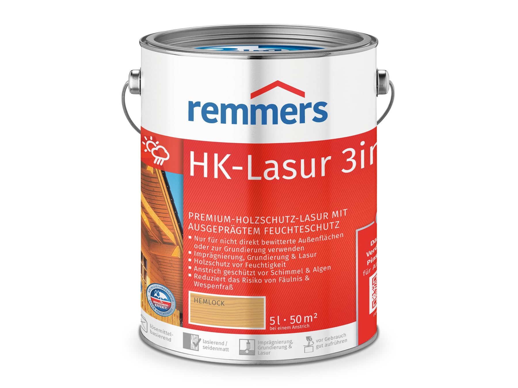Remmers HK-Lasur 3in1 hemlock, 5 Liter, Holzlasur aussen, 3facher Holzschutz mit Imprägnierung + Grundierung + Lasur, Feuchtigkeit- und UV-Schutz