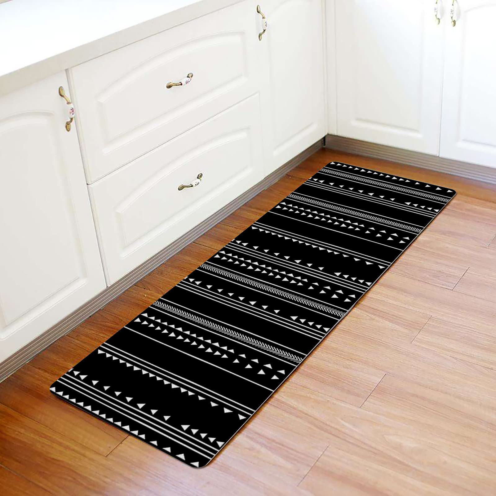 Bohema geometryczna antifatigue kuchnia łazienka wycieraczka amortyzowana chodnik dywan, zmywalna mata do zlewu podłogowego, styl boho paski trójkąt czarny wodoodporny i antypoślizgowy wygodny stojący wycieraczka, 45 cm x 76 cm