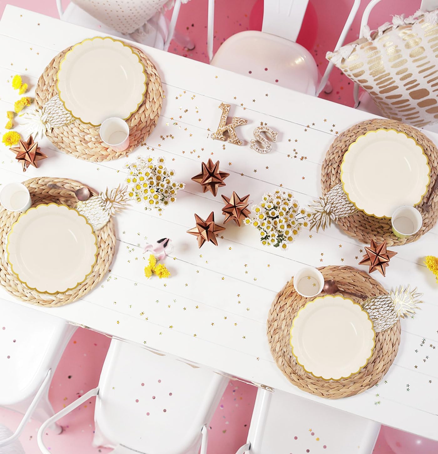 HEIPINIUYE 50 Pieces Ivory Paper Plates with Gold Foil 7 Inch Disposable Ivory Scalloped Dinner Plates for Wedding Baby Shower Birthday Party Dessert Plate - Image 4