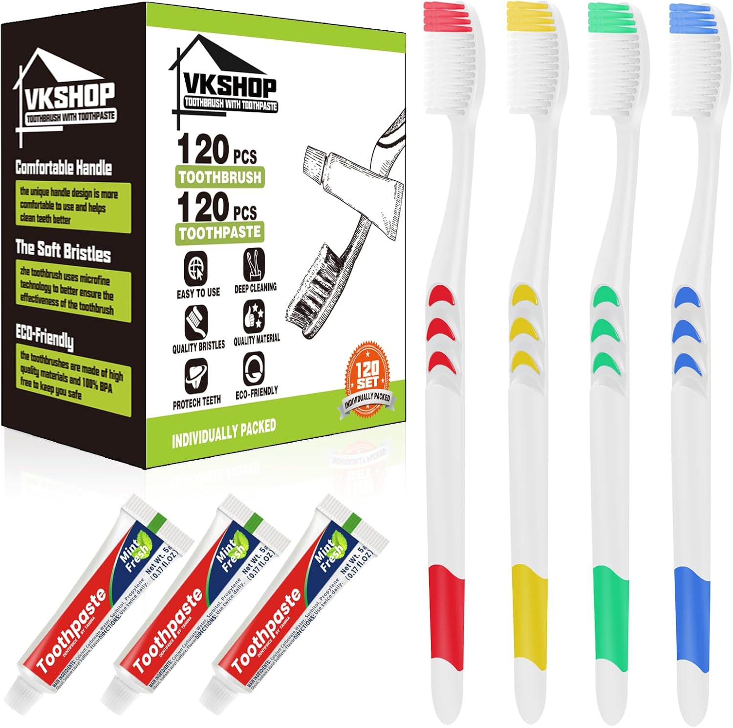 120 Pack Disposable Toothbrushes with Toothpaste, Individually Wrapped for Adults, Travel, Hotel, Donation, Homeless Shelters, OCC Care Packages - Medium Bristle (White)