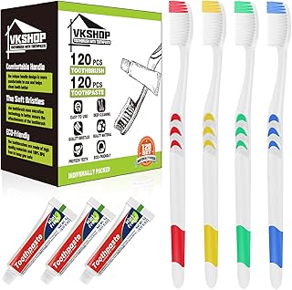 120 Pack Disposable Toothbrushes with Toothpaste, Individually Wrapped for Adults, Travel, Hotel, Donation, Homeless Shelters, OCC Care Packages - Medium Bristle (White)