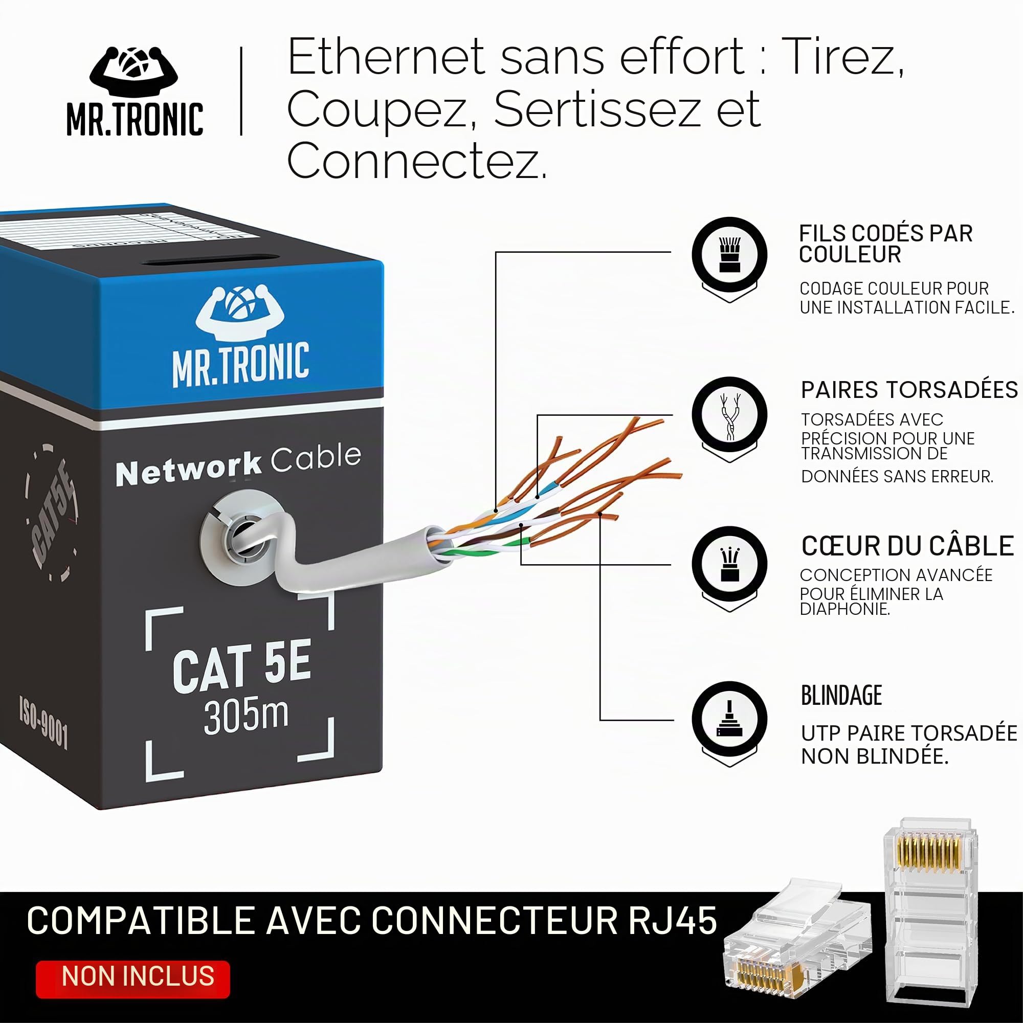 Mr. Tronic Vrac Câble Ethernet 305m, Bulk Reseau LAN Cat 5E Haut Debit Pour Internet Rapide 1 Gbps 100 MHz, Câble Ethernet AWG24, Cat5E en Vrac UTP CCA (305 Mètres, Gris)