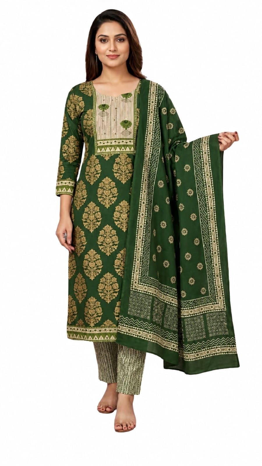 GREEN ETHNIC UNSTITCHED SUIT SET | TRADITIONAL PRINT | ELEGANT DUPATTA-picture-27