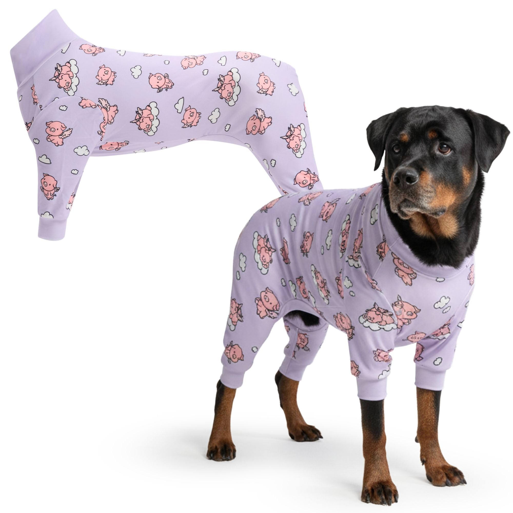 Spark Paws Dog Pajama, Dog Recovery Suit Male, Onesie, Ultra-Soft and 4-Way Stretch, for Small Medium and Large Breeds - When Pigs Fly - Purple - 4XL