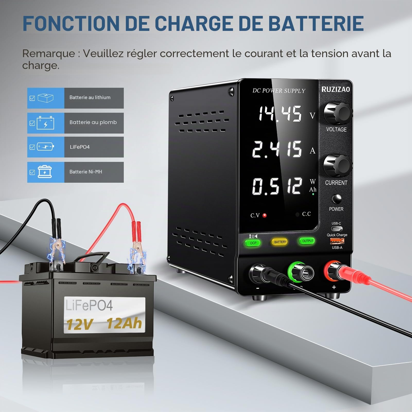 Alimentation Rechargeable 30V 10A 300W, Compatible avec le Chargement de Batteries Automobiles, adaptée au Chargement de Batteries au plomb-acide de Lithium-ion de 2V à 28V