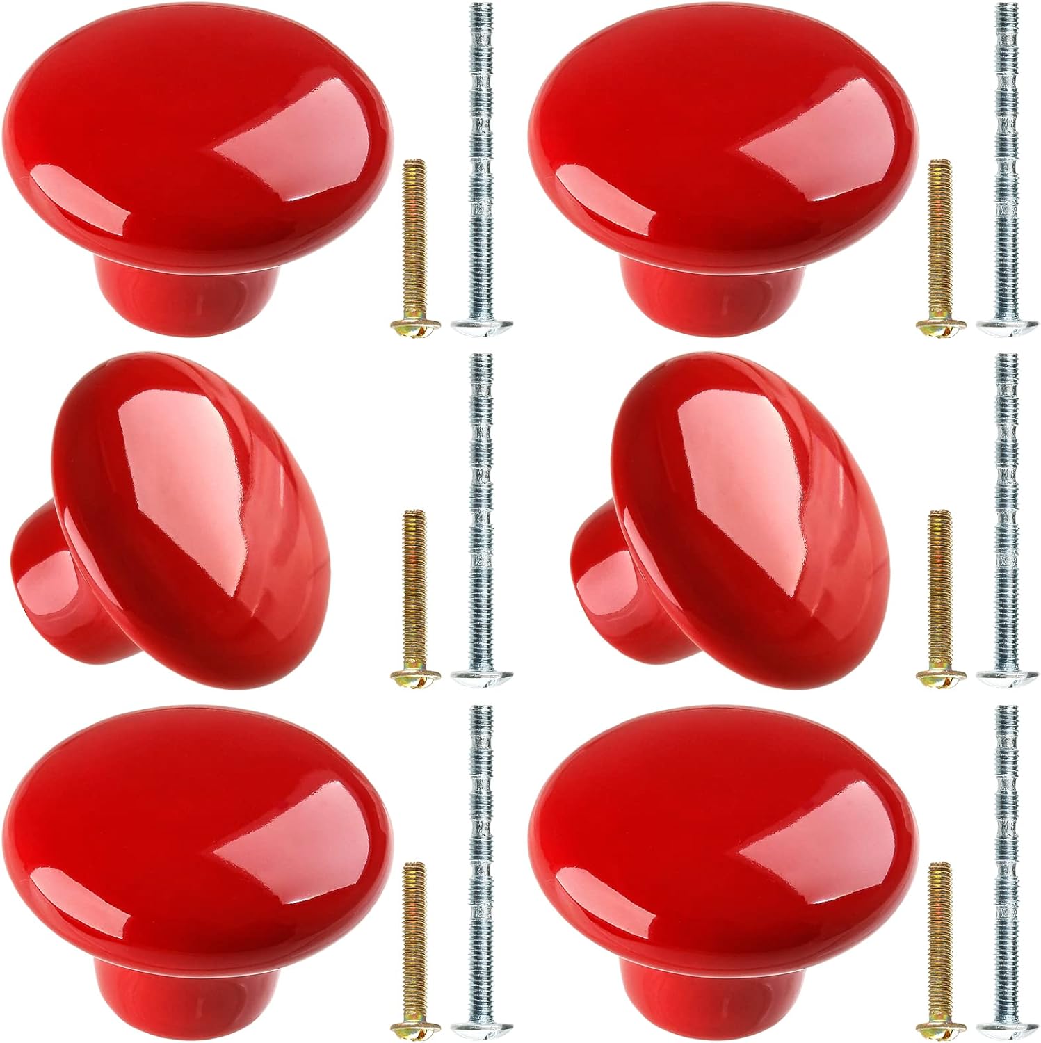 HARSKIYER 6pcs Vintage Ceramic Door Knobs, Red Round Mushroom
