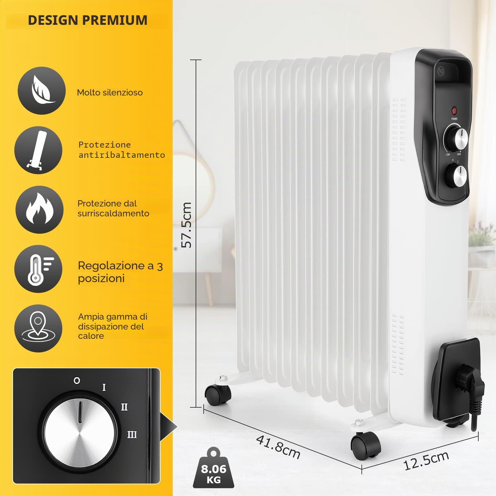 Nictemaw Radiatore ad olio, 2500 W, a risparmio energetico, radiatore a olio, radiatore con termostato variabile e 3 livelli di riscaldamento, regolazione continua della temperatura