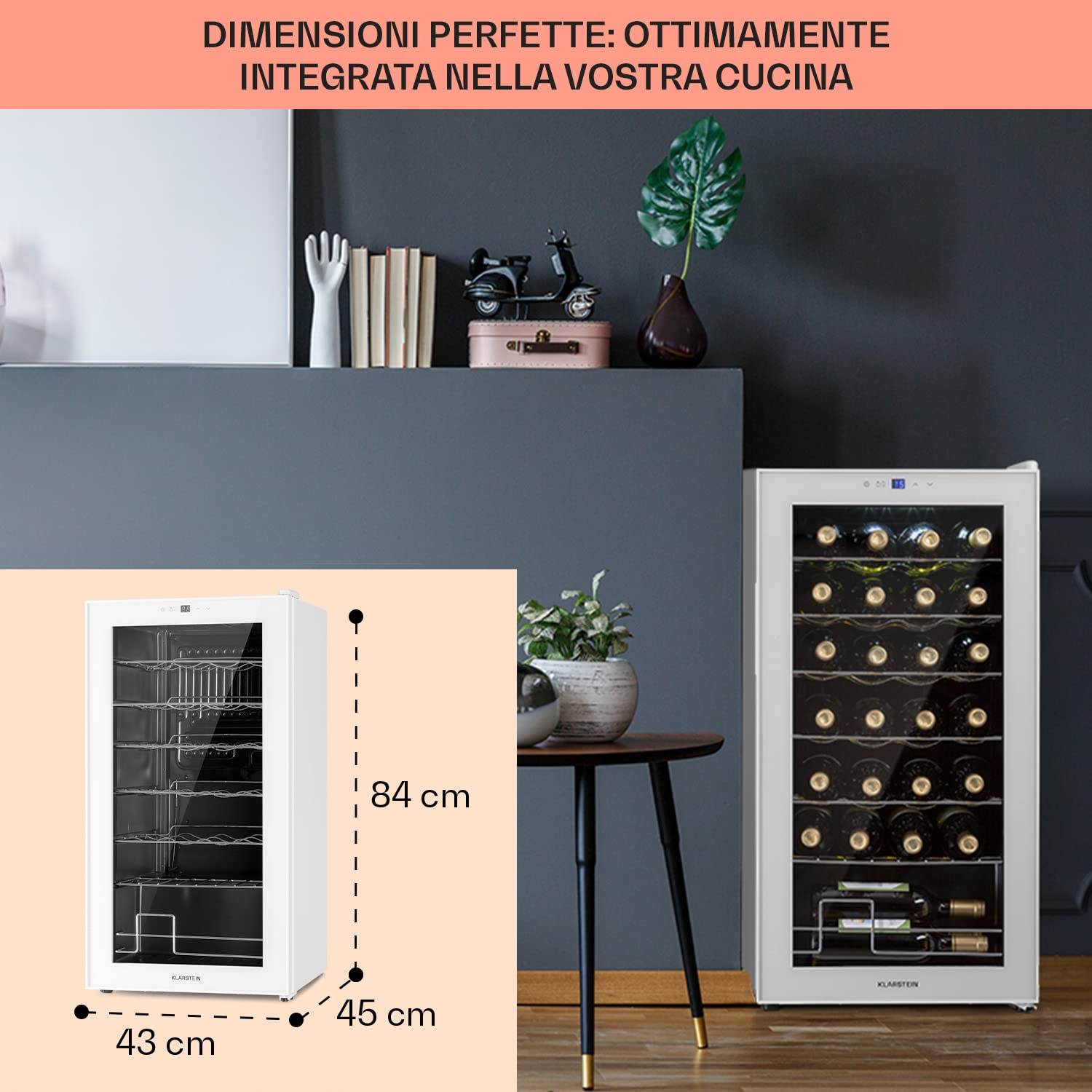 KLARSTEIN Cantinetta Vino Design, Cantinetta Vino Refrigerata a Zona Singola per Vino Rosso, Bianco e Birra, Controlli Touch, Frigo Vino Cantinetta per Esterno/Interno, 5-18°C, 74L, 28 Bottiglie