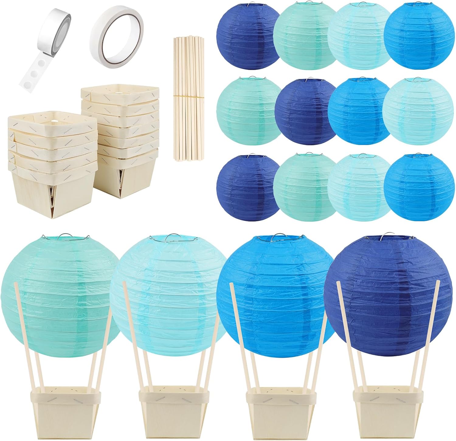 12PCS Hot Air Balloon Paper Lanterns Table Centerpieces Decoration DIY Paper Lanterns Wooden Berry Boxes with Sticks for Birthday Wedding Party Table Decor Christmas Party Decor Gift (White)