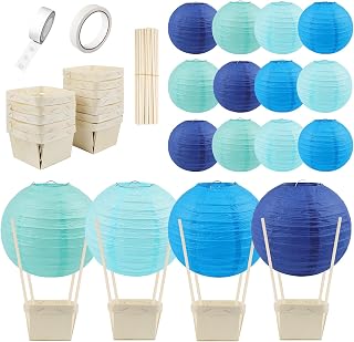 12Set of Hot Air Balloon Paper Lanterns Table Centerpieces Decoration DIY Paper Lanterns Wooden Berry Boxes with Sticks for Birthday Wedding Party Table Decor Christmas Party Decor Gift (Blue Series)