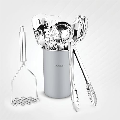 Avador Juego de 10 herramientas de cocina de acero inoxidable (soporte gris) con soporte fácil de limpiar, ahorro de espacio, ideal para cocinar,