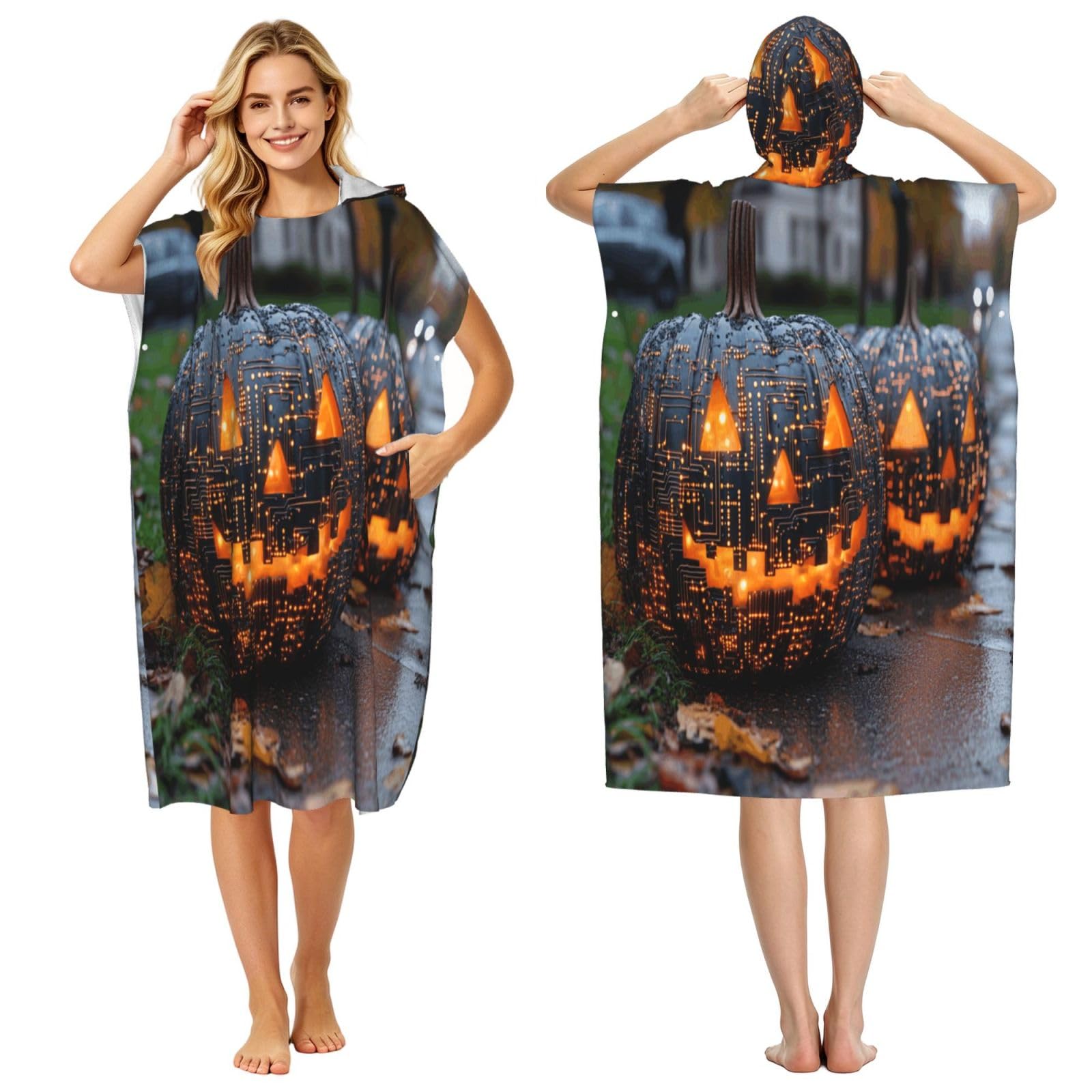 DTHKJNLSF Pumpkin Technology Adult Hooded Beach Poncho Towel