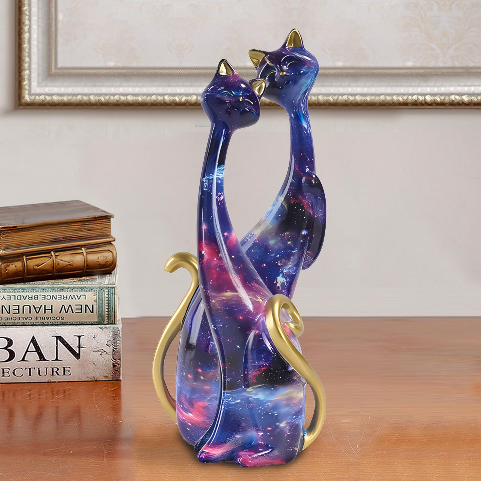 LIKEUDO Set of 2 Resin Cat Statues Sculptures Cat Figurine (Starry sky), Multicolour, 12*6*24.5cm - Image 2
