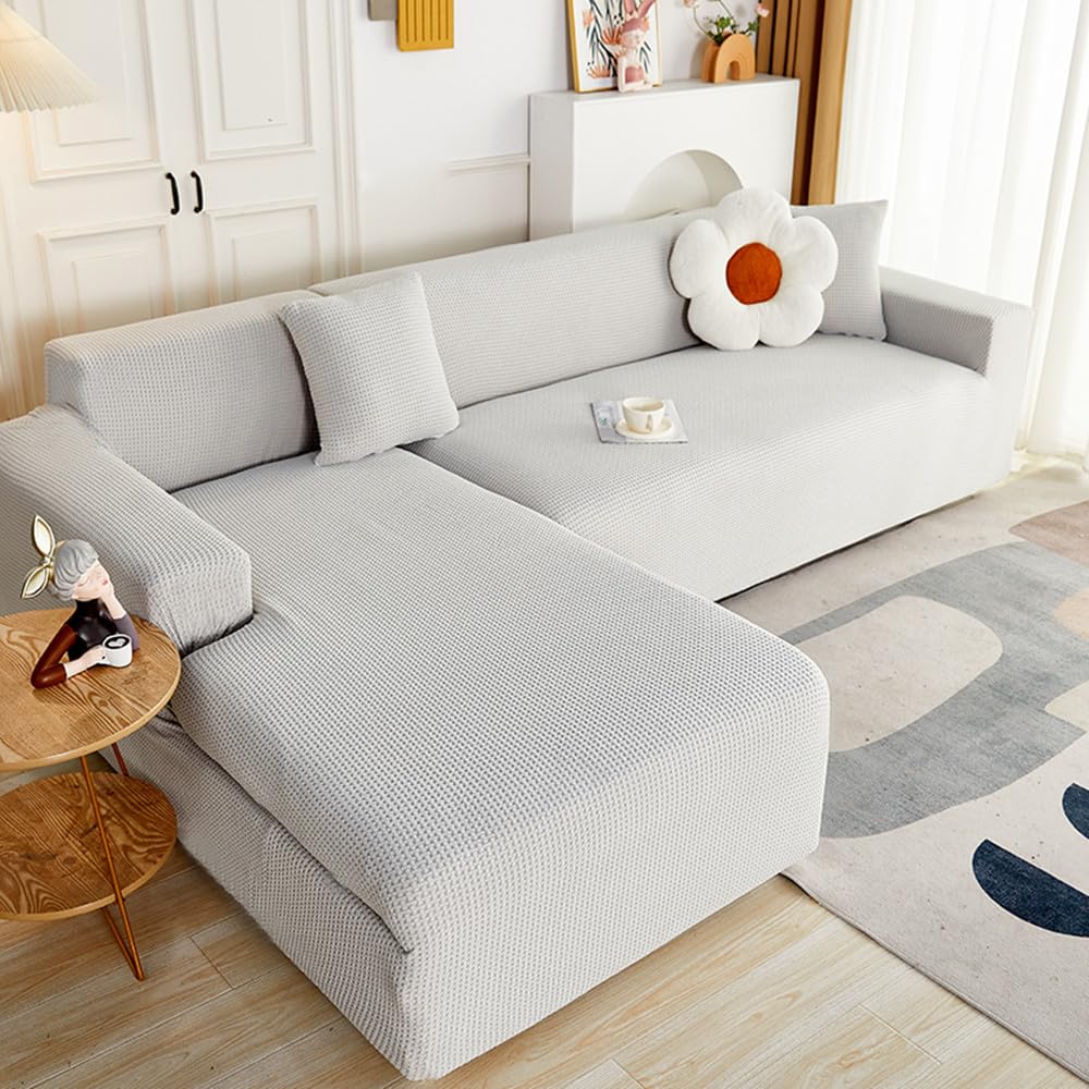 Housse de canapé d'angle gris clair extensible jacquard 3 places