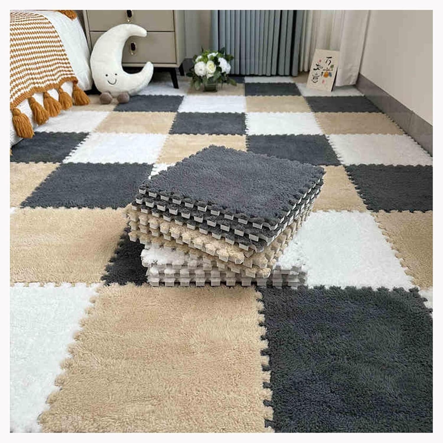 JvFbjLF Interlocking Carpet Tiles 12X12 Inch Square Foam Mat With Border Plush Carpet Puzzle Mats(White+Gray+Apricot,20pcs)