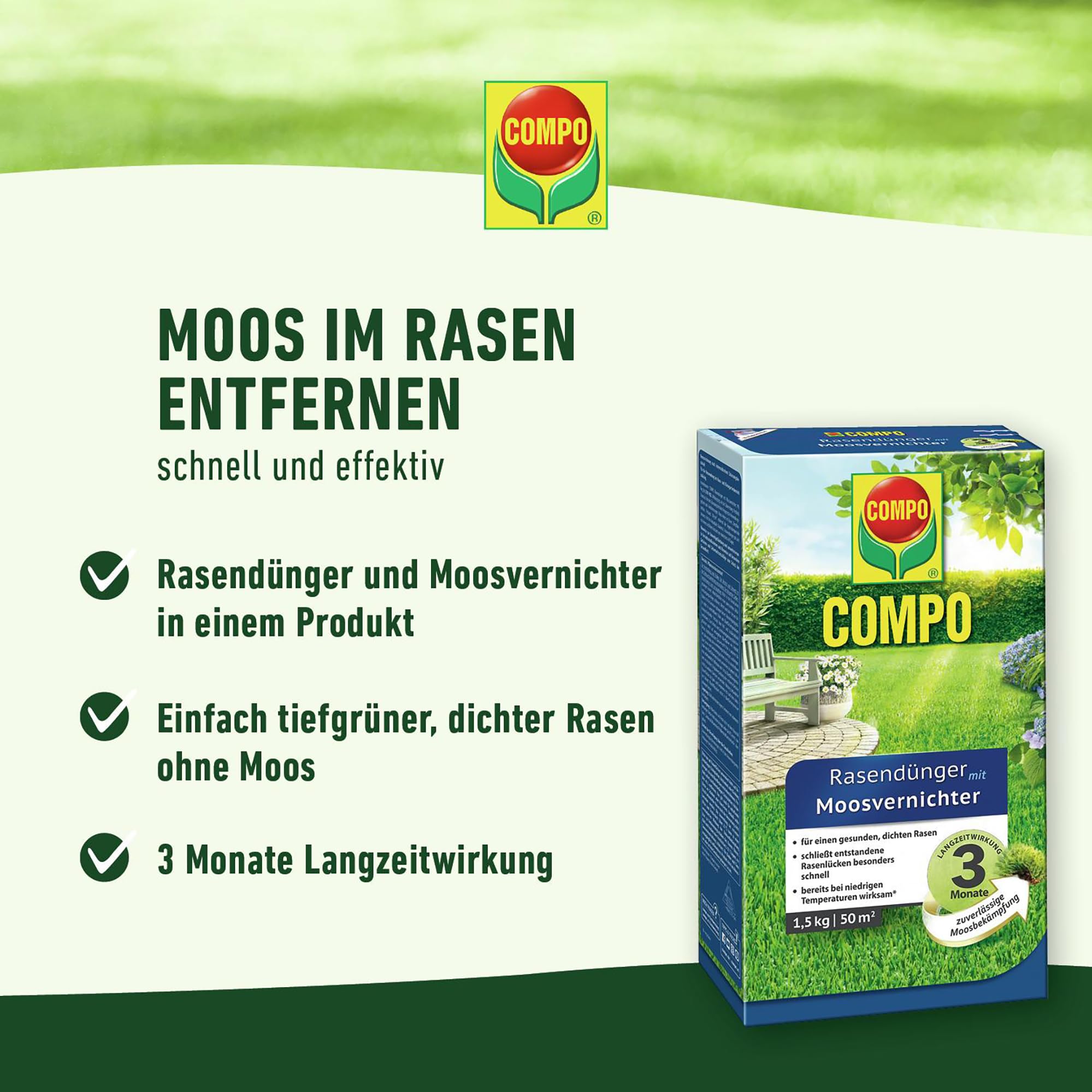 COMPO Rasendnger mit Moosvernichter, 3 Monate Langzeitwirkung,  Feingranulat, 1,5 kg, 50 m : Amazon.de: Garten