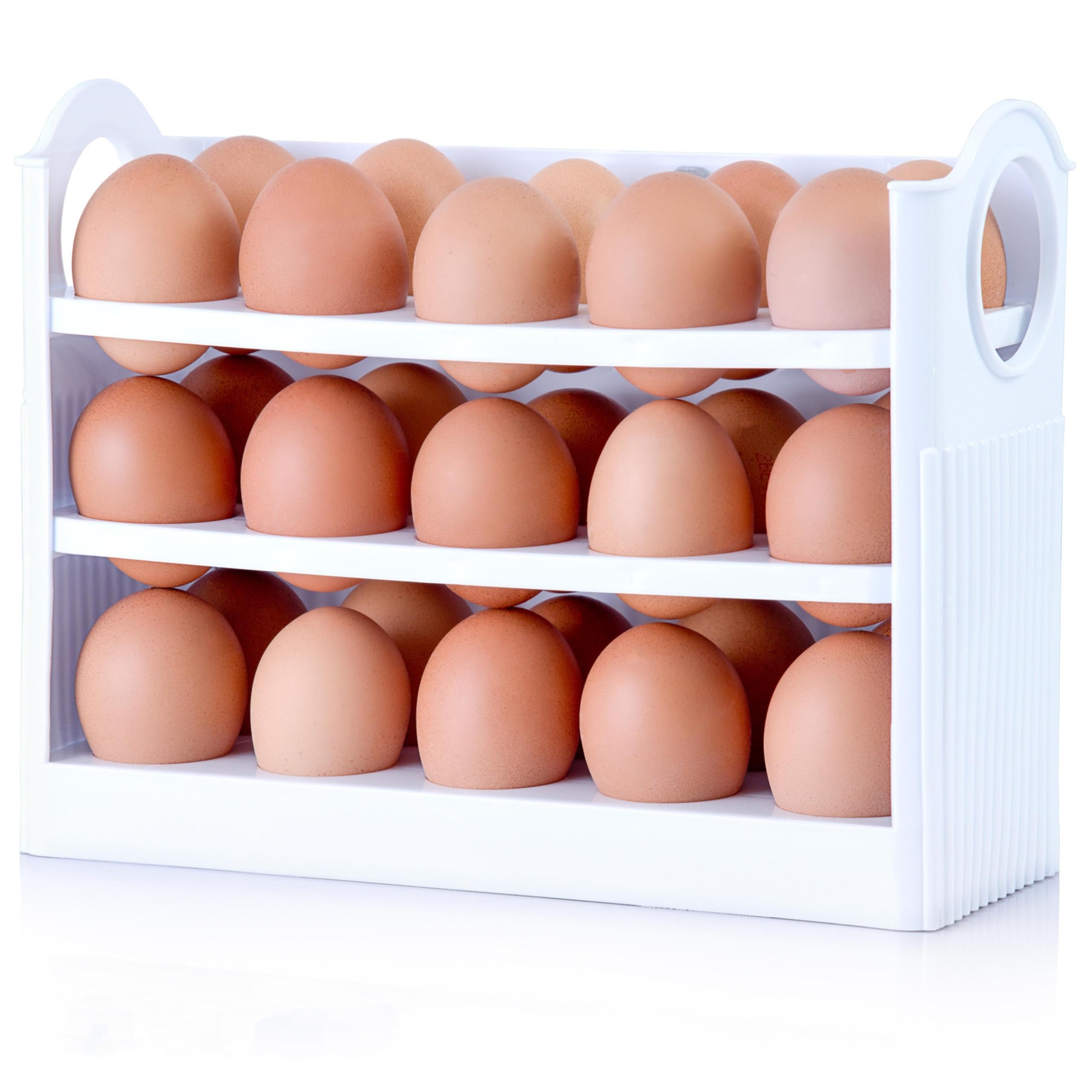 YZC Collection Egg Container for Refrigerator – Triple Tier Egg Holder with Built-In Handles – Smart Egg Holder for Refrigerator with Spring Design - Egg Storage for Fridge Door