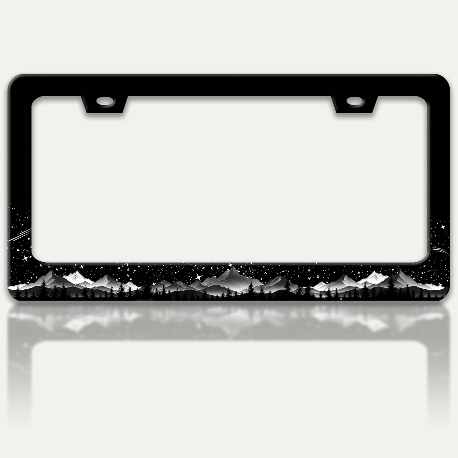 Mountains License Plate Frame Night Starry Sky Mountain License Plate Holders Funny Stainless Steel Auto Accessory Bracket 2 Hole with Screws Universal Us Car License Plate Frames 6x12 Inch