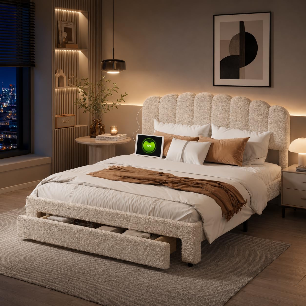 Cama de matrimonio 160 x 200 cm con cajón de madera acolchada con cabecero acolchado