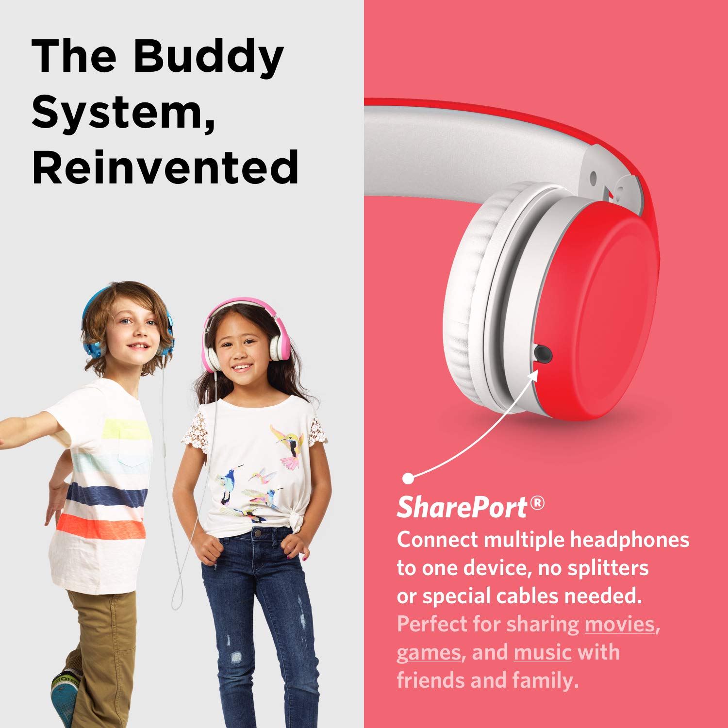 LilGadgets Connect+ Kids Premium Volume Limited Casque Filaire avec Port Shareport et Microphone intégré pour Enfants Rouge