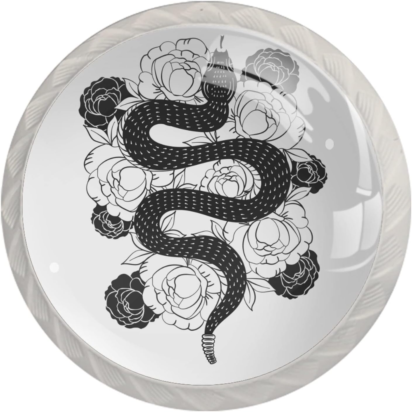 Pshhdgyhs Hand Drawn Snake with Flowers Kitchen Cabinet Knobs 4 Pack, Round Glass Drawer Dresser Pull Handles for Home Wardrobe Cupboard Closet (4 Pack)