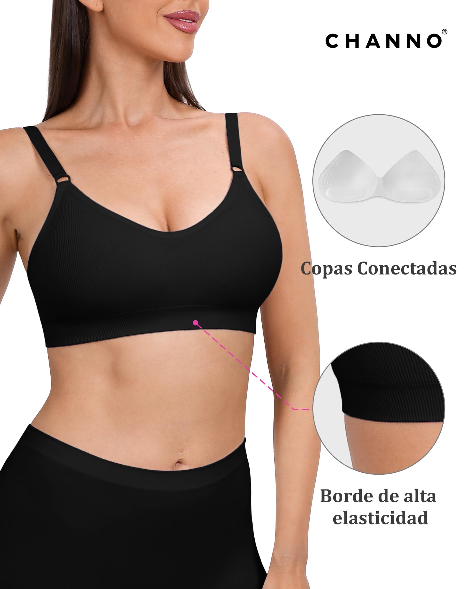 Channo Sujetador Deportivo sin Aros: Tela Licra Canalé con Tirantes Ajustables y Cierre en la Espalda sin Costuras Pack de 3