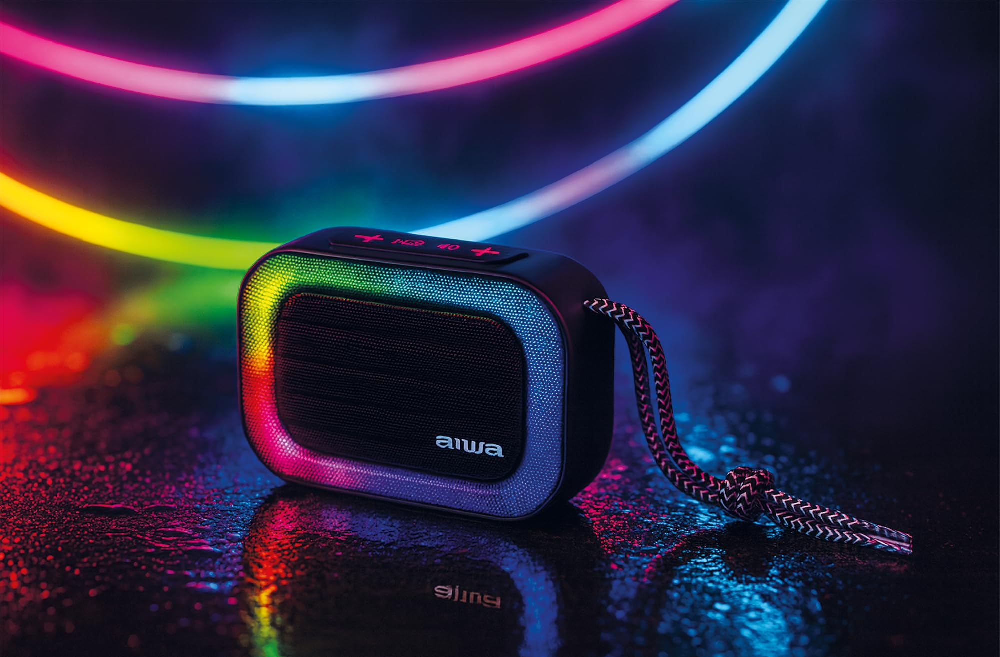 Aiwa BST-130TN | Altavoz Bluetooth portátil 5 W | Iluminación RGB y Radio FM | Bluetooth 5.3, TWS y Manos Libres | Reproducción USB, microSD y AUX-IN | Color Negro/RGB
