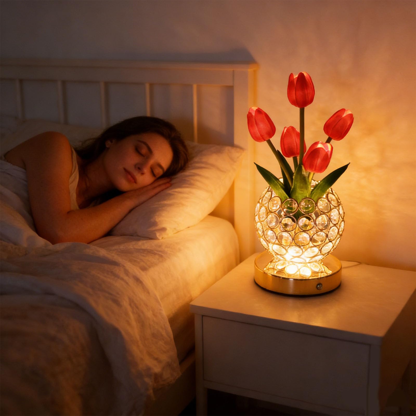 Lampka nocna LED z czerwonym tulipanem lampa biurkowa z ładowaną przez USB, 3 tryby, sterowanie dotykowe, romantyczne oświetlenie dekoracyjne do sypialni, romantyczna dekoracja stołu, wystrój hotelu