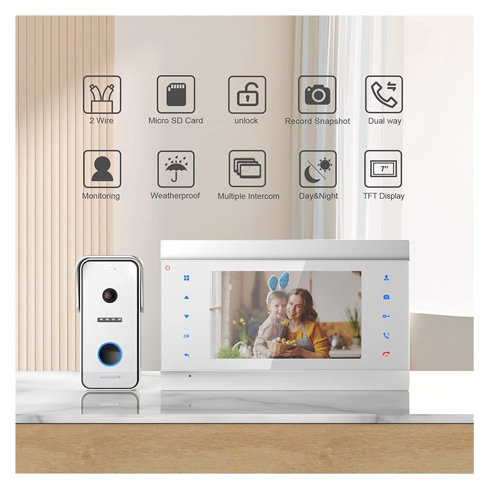 2-przewodowy Wideodomofon Domofonowy Domofon, 7-calowy Monitor Z Przewodowym Dzwonkiem, Przycisk Dotykowy, Migawka/Nagrywanie WyraźNy Wyświetlacz Ochrona Każdą Pogodę(2Monitor 1Doorbell)