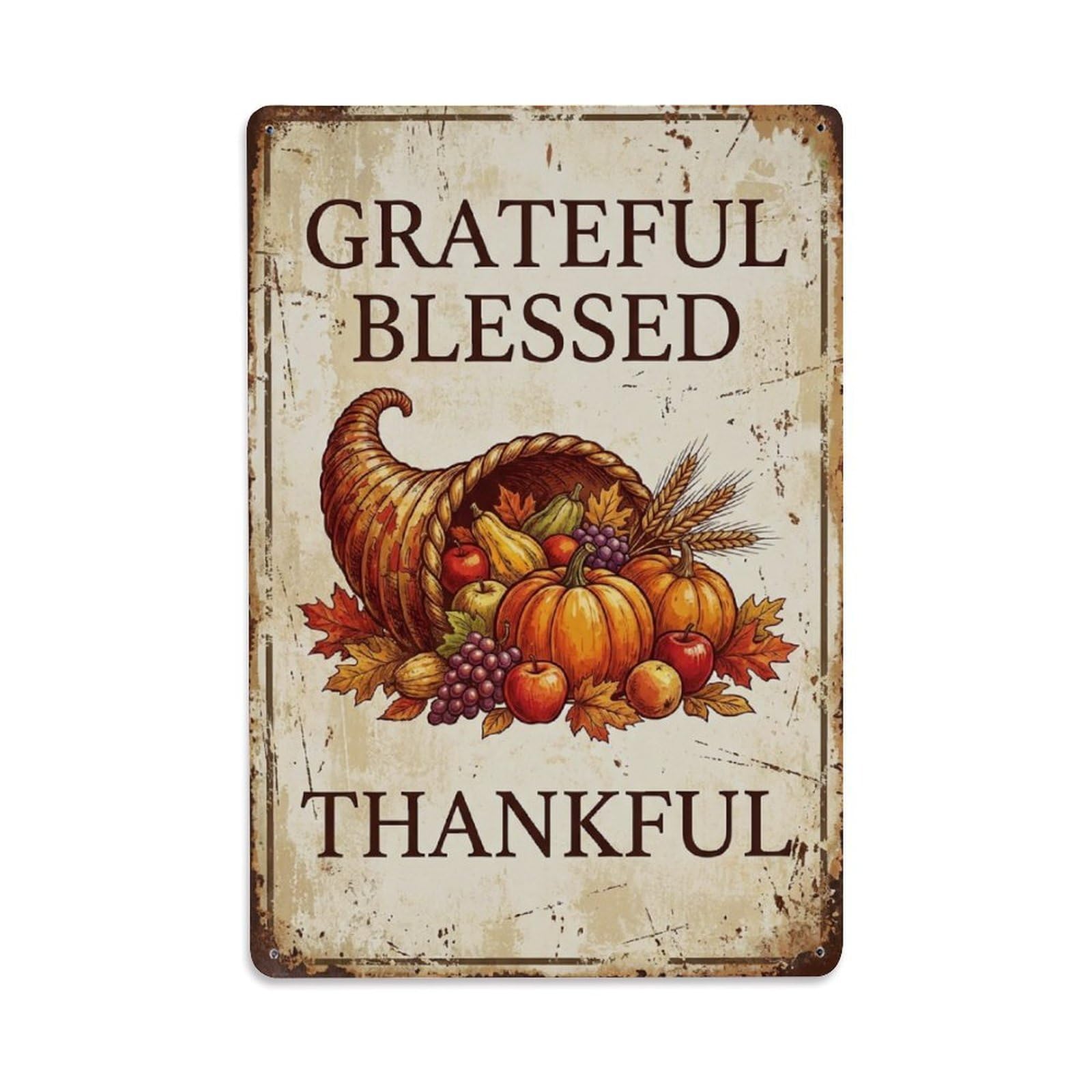Rustic Garden Botanical Motto Blessed Thankful Harvest Metal Tin Sign Plaque Wall Decor for Cafe, Man Cave, Club Bar, Office, Home Garden Round Metal Poster 8x12Inch