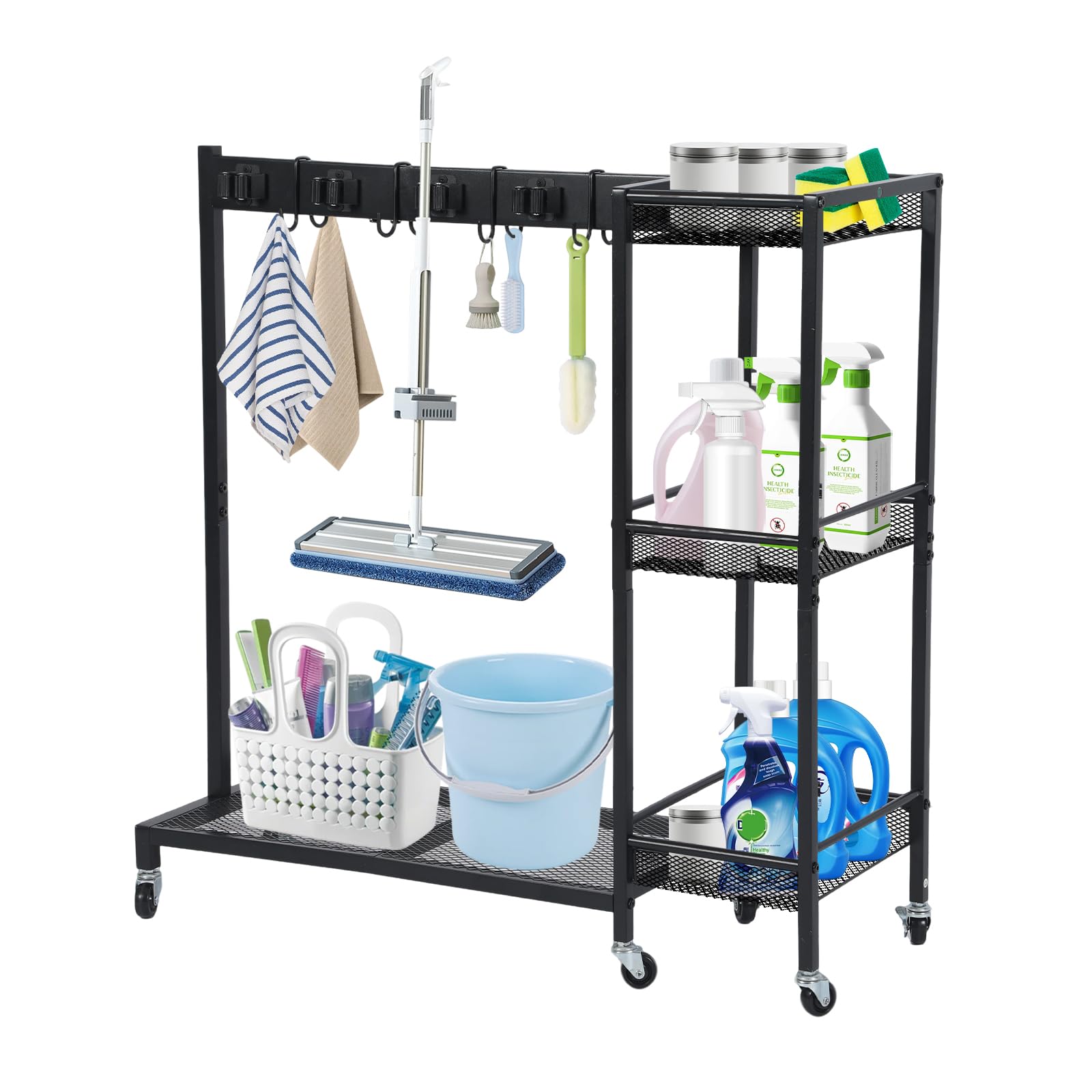 Carro de limpieza 85 × 62 × 30 cm – Carro de limpieza móvil con soporte para fregona y soporte para escobas, 6 ruedas con 3 frenos, 6 soportes para herramientas y 2 ganchos dobles, 3 estantes – Hogar