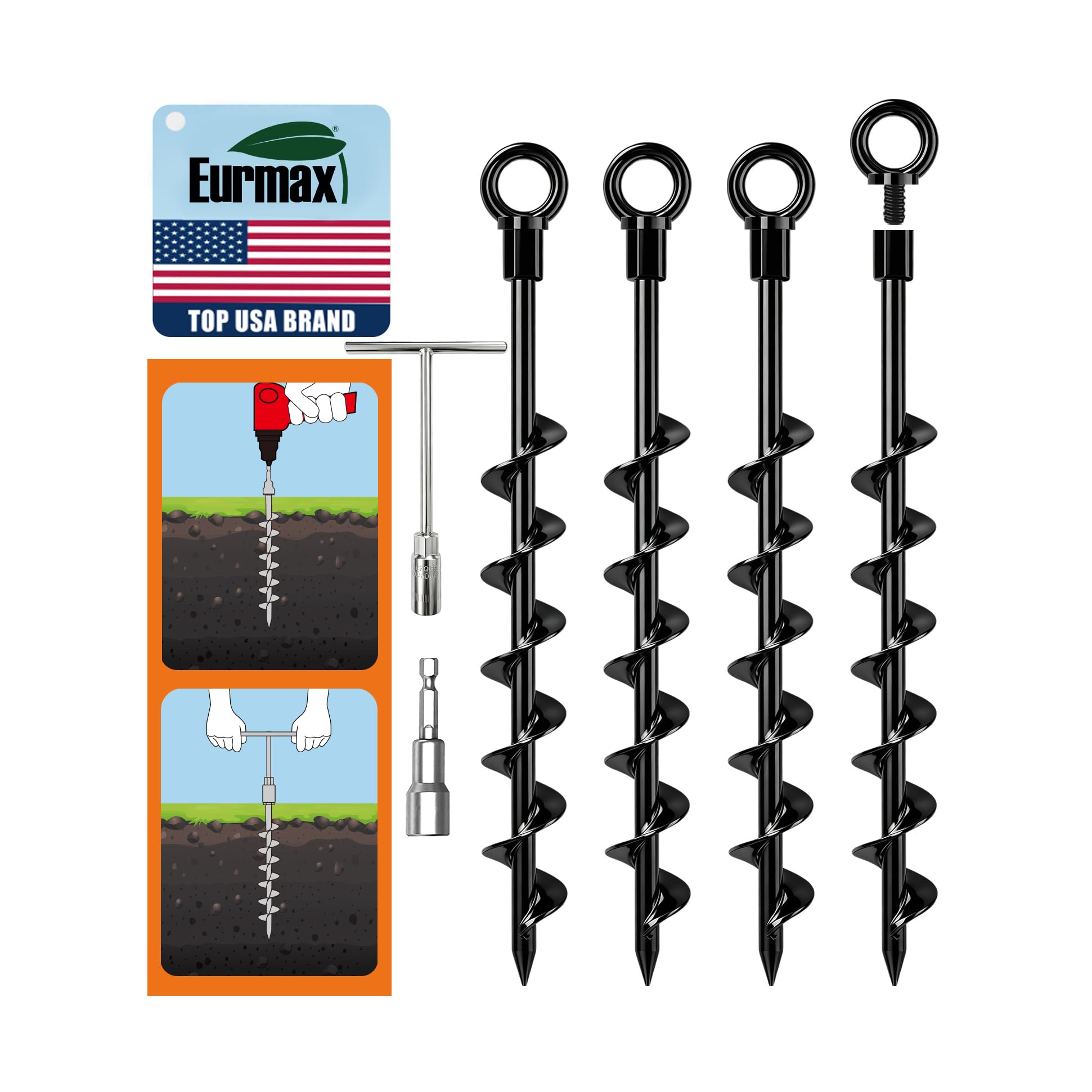 Eurmax USA 4-Pack Screw in Ground Anchors,Detachable Spiral Tent Stakes,Heavy Duty Rust Proof Metal Trampoline Anchors with Drill Bit Adapter&amp;T-Handle Tool for Canopy,Tent,Trampoline,Swing Set(Black)