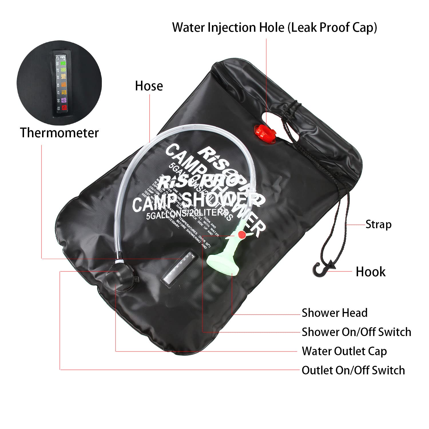Image secondaire de RISEPRO Sac de Douche Solaire, 20 litres, Camping, température 45 °C, randonnée, Escalade
