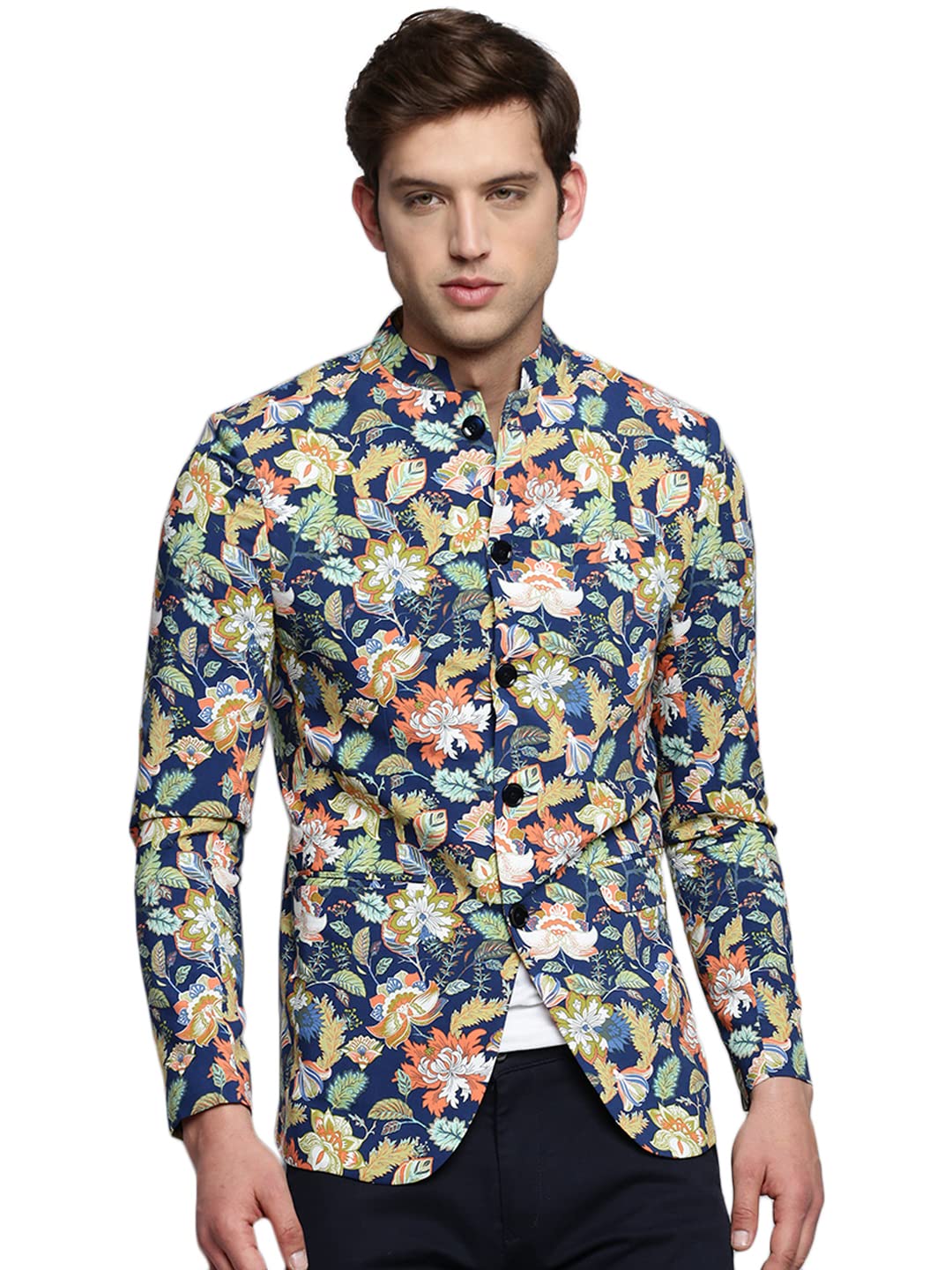 showoffff SHOWOFF Men's Printed Mandarin Collar Blue Bandhgala Blazer-SOBLZ-307_Blue-picture-35