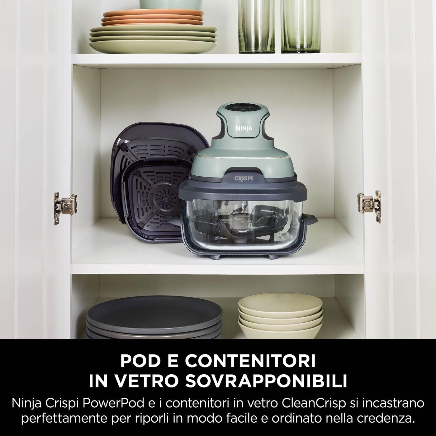 Ninja CRISPi Friggitrice ad Aria Portatile, 3.8L, 4 in 1: Frittura, Cottura Arrosto, Mantiene Cibo Caldo e Croccante, Compatta, 2 Contenitori Vetro Rimovibili, 1700W, Verde FN101EUSG