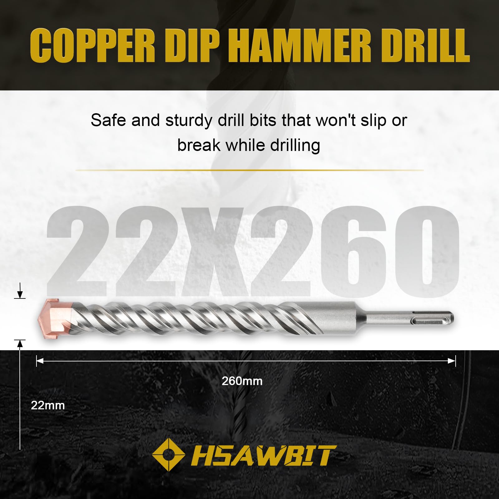 HSAWBIT 22mm x 260mm LONG SDS MASONRY DRILL BIT, TUNGSTEN CARBIDE TIP SDS PLUS SHANK, FOR WALL STONE CONCRETE BRICK - Image 2